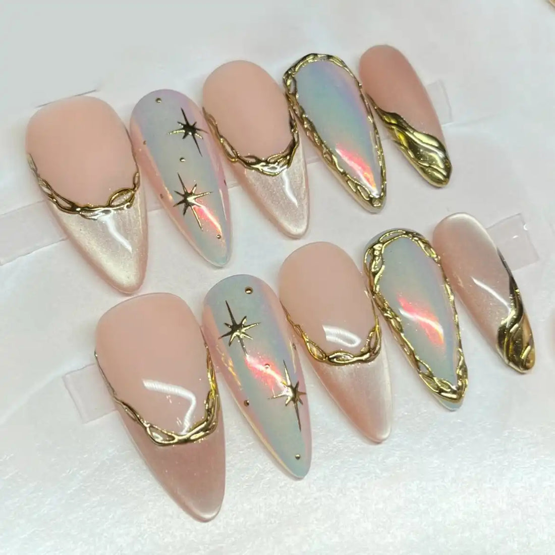 Handmade Gold Chain Celestial Nude Pink Galaxy Press on Nails M83