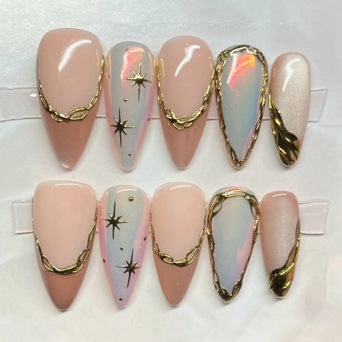 Handmade Gold Chain Celestial Nude Pink Galaxy Press on Nails M83