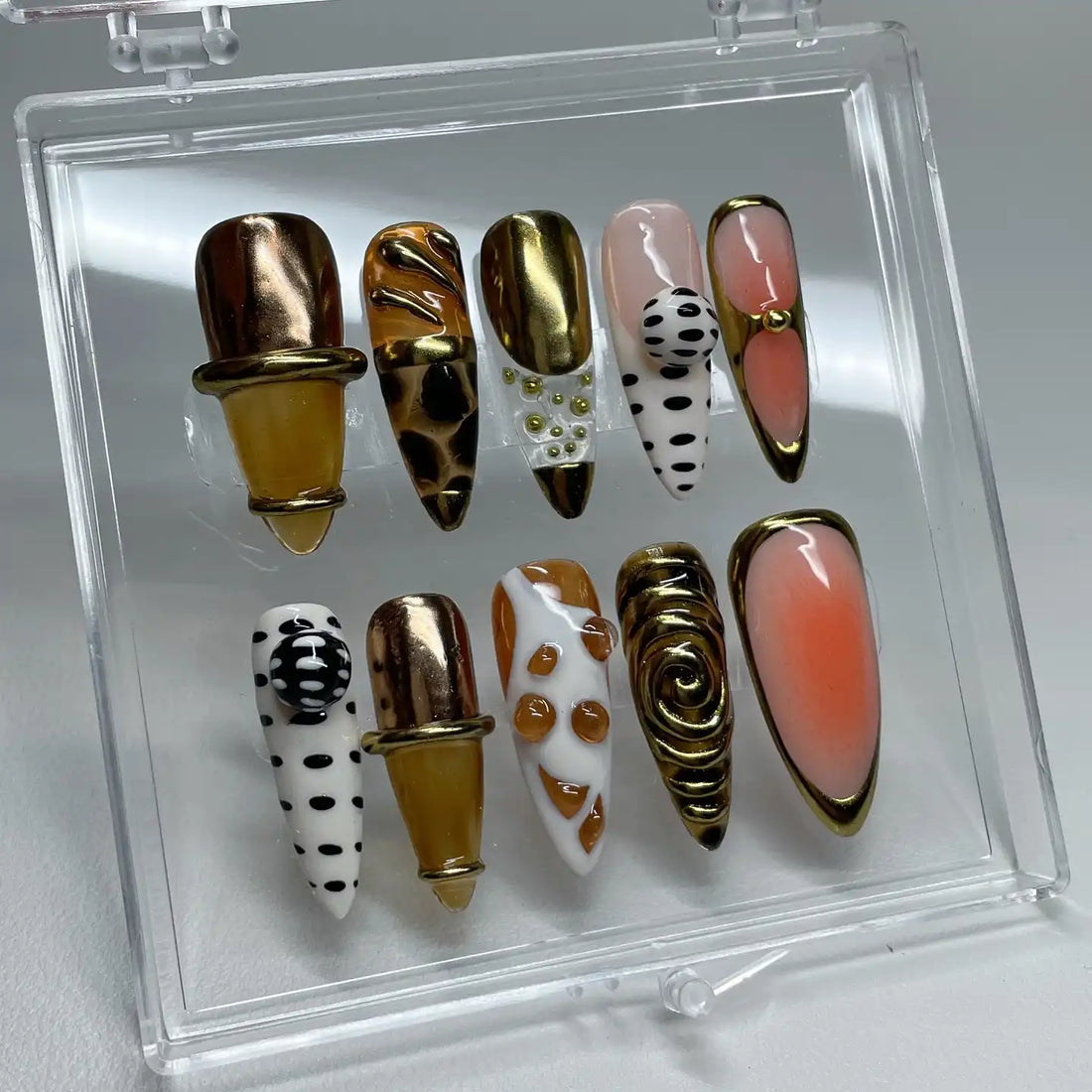 Handmade Gold Chrome Abstract Polka Dot Giraffe Swirl Art Press on Nails F09