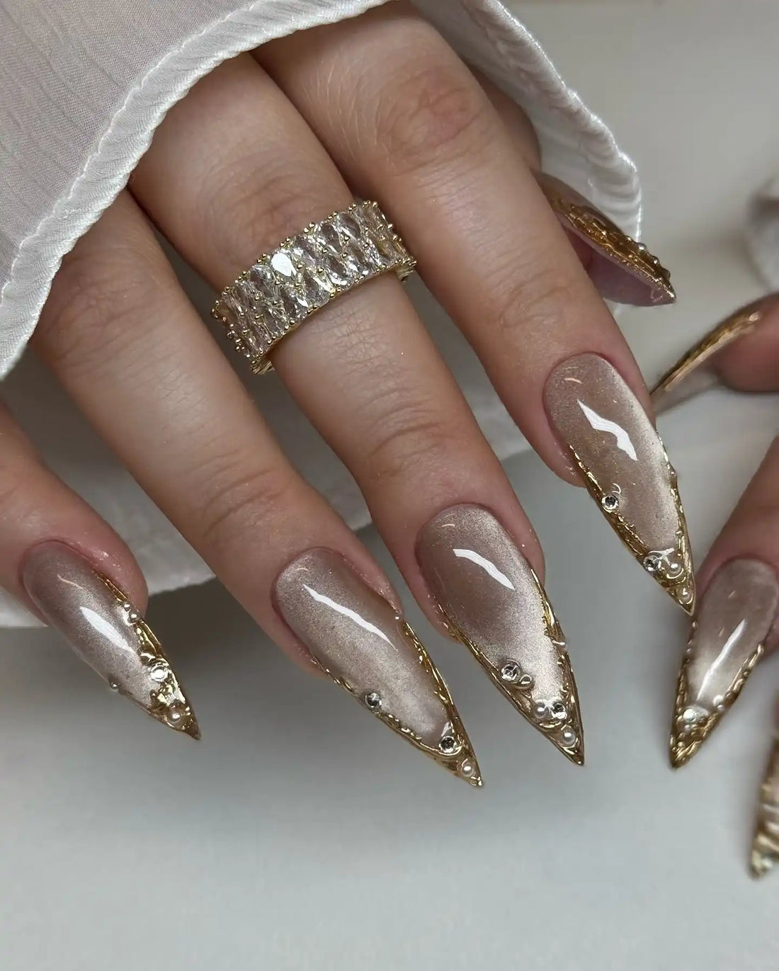 Handmade Gold Chrome Pearl Nude Glam Nails for Events Press on Nails E10