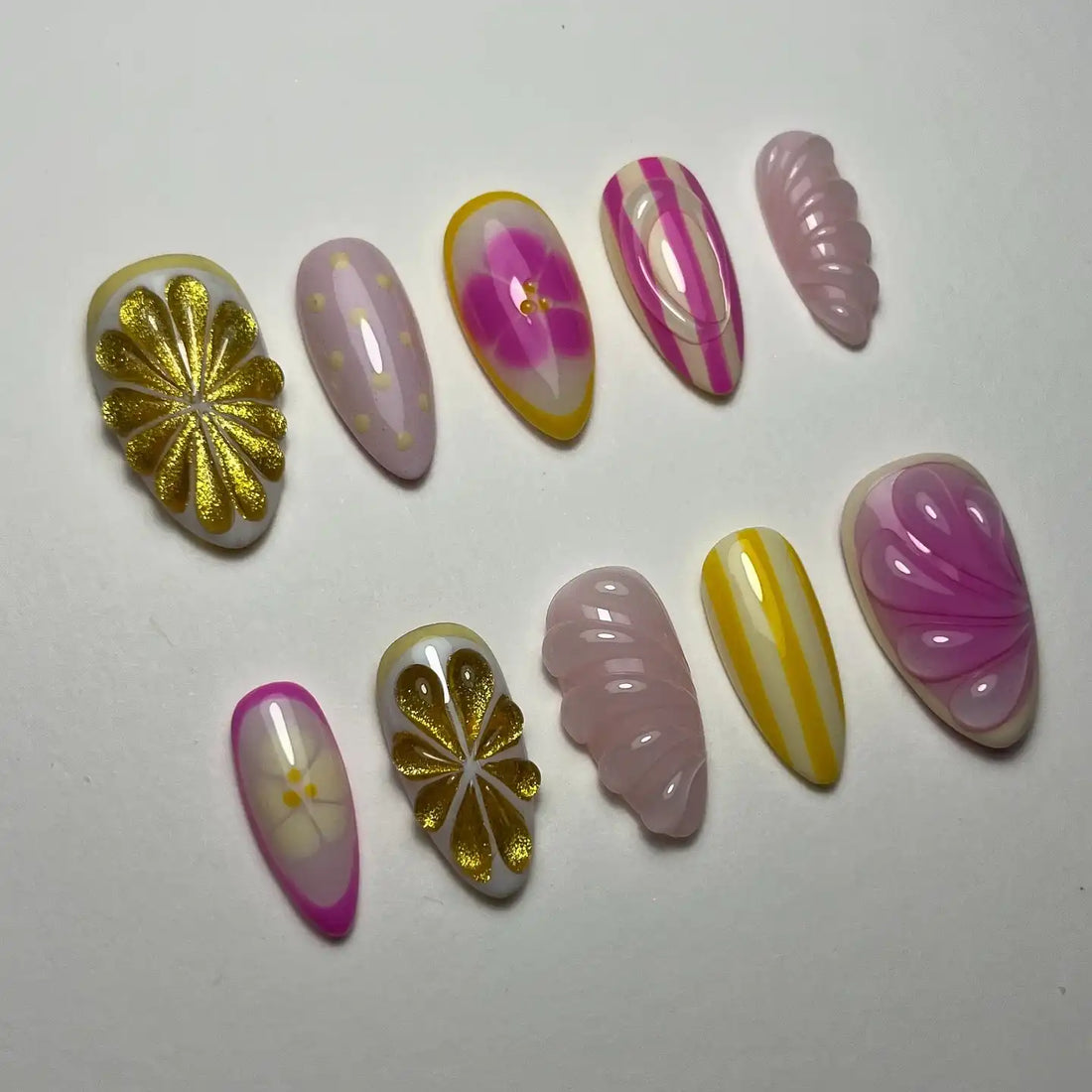 Handmade Gold Pink Stripe Flower Abstract Summer Press on Nails W50