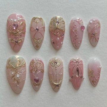 Handmade Gold Embossed Pink Bow Pearl Gem Elegant Floral Press on Nails M11