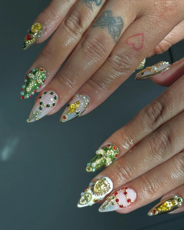 Handmade Gold Green Red Jewel Rhinestone Ornate Holiday Luxury Press on Nails Q40