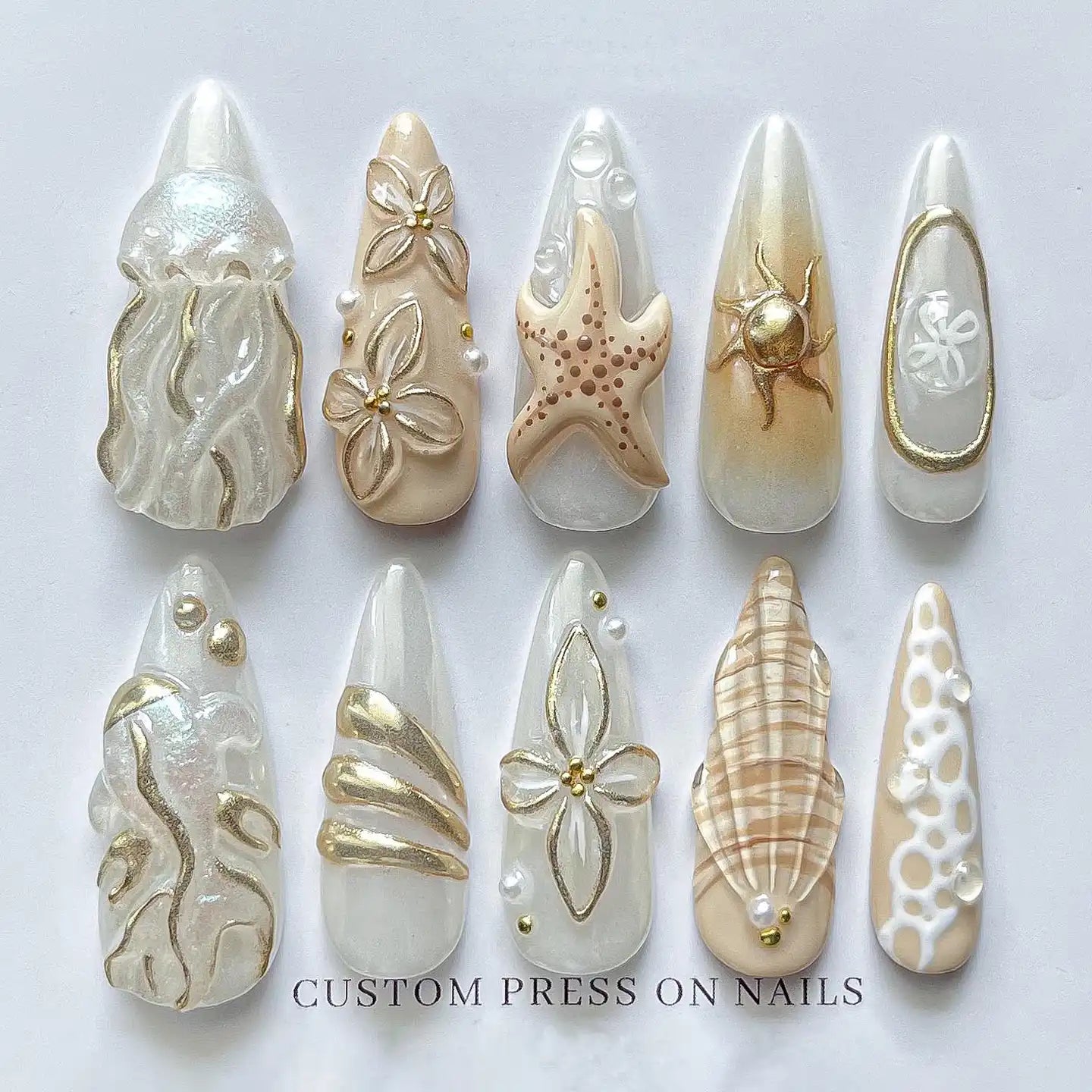 Handmade Gold Seashell Starfish Jellyfish Ocean Art Press on Nails K51