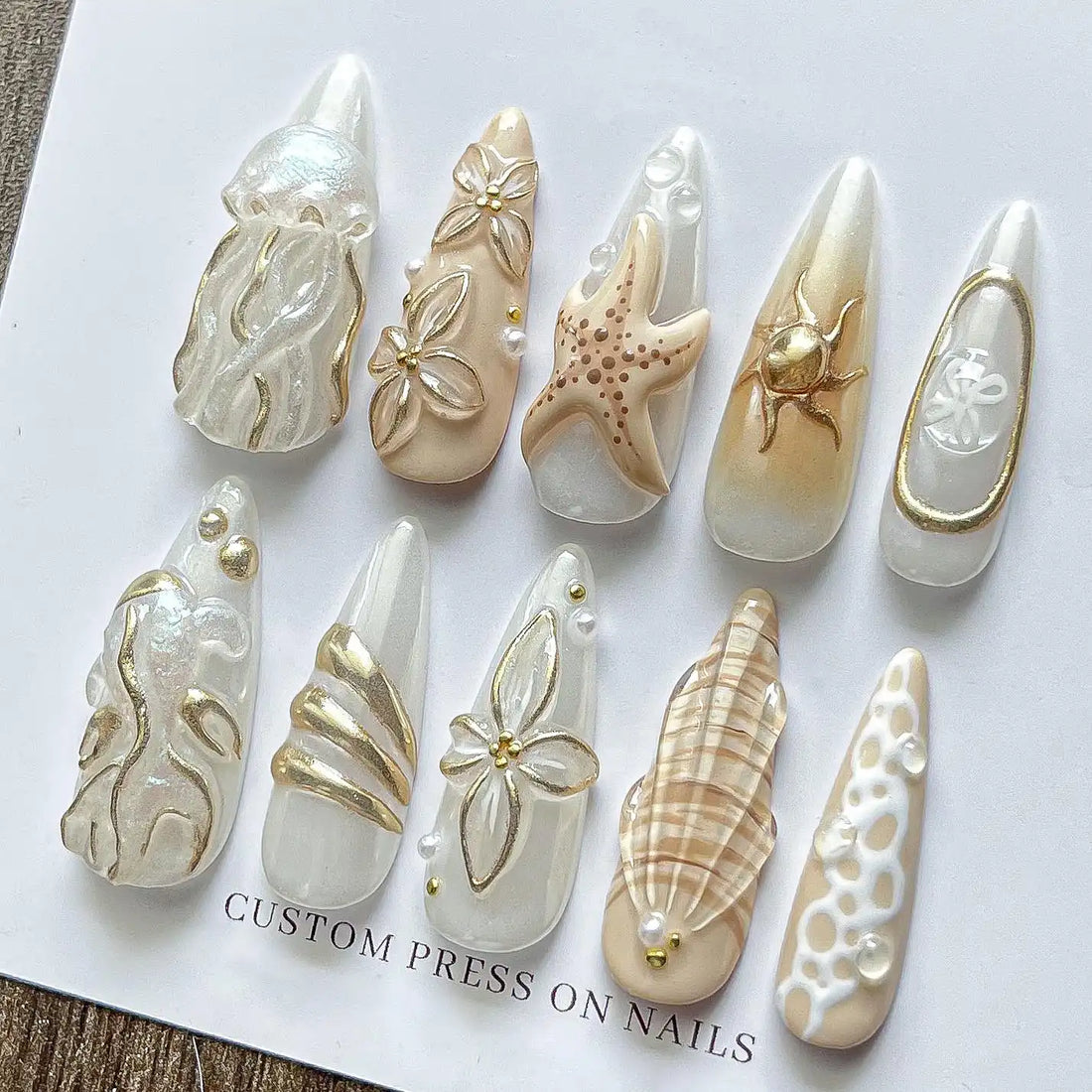 Handmade Gold Seashell Starfish Jellyfish Ocean Art Press on Nails K51