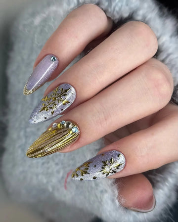 Handmade Gold Silver Glitter Snowflake Bling Winter Holiday Press on Nails H80