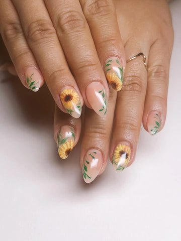 Handmade Golden Sunflower Hand-Painted Floral Green Leaf Artistic Press on Nails M91