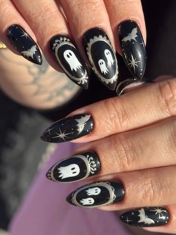 Handmade Gothic Black Chrome Silver Frame Ghost and Starry Night Fake Nails PT9