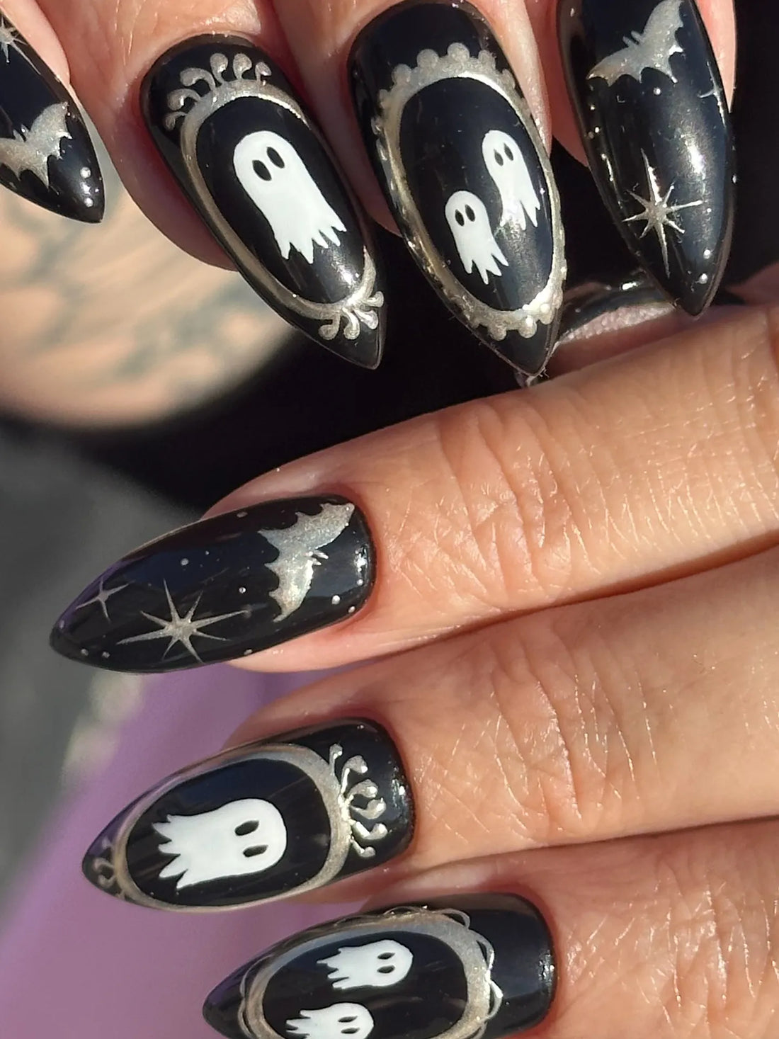 Handmade Gothic Black Chrome Silver Frame Ghost and Starry Night Fake Nails PT9