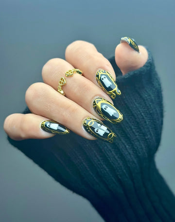 Handmade Gothic Black Gold Chrome Filigree Framed Portrait Ghost Press on Nails PU9
