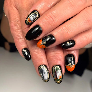 Handmade Gothic Black Gold Framed Ghost Mirror Portrait Pumpkin Press on Nails PX1