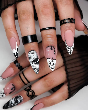 Handmade Gothic Black White Mummy Jack O Lantern Bat Spiderweb Press on Nails QD4