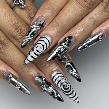 Handmade Gothic Chrome Spiral Abstract Black White Party Press on Nails Z78