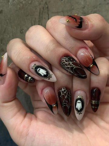 Handmade Gothic Deep Blood Red Ombre Gold Framed Ghost Spiderweb Fake Nails QE8