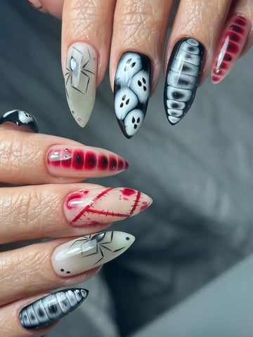 Handmade Gothic Halloween Black and Red Spine Stitches Ghost Spider Press on Nails PU1