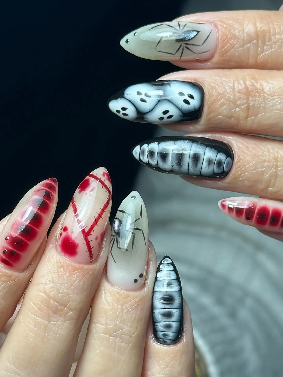 Handmade Gothic Halloween Black and Red Spine Stitches Ghost Spider Press on Nails PU1