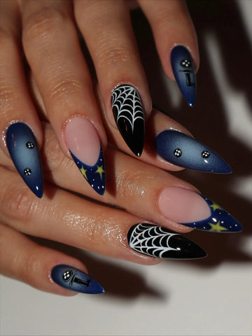 Handmade Gothic Halloween Dark Navy Blue Aura Spider Web Press on Nails PW0