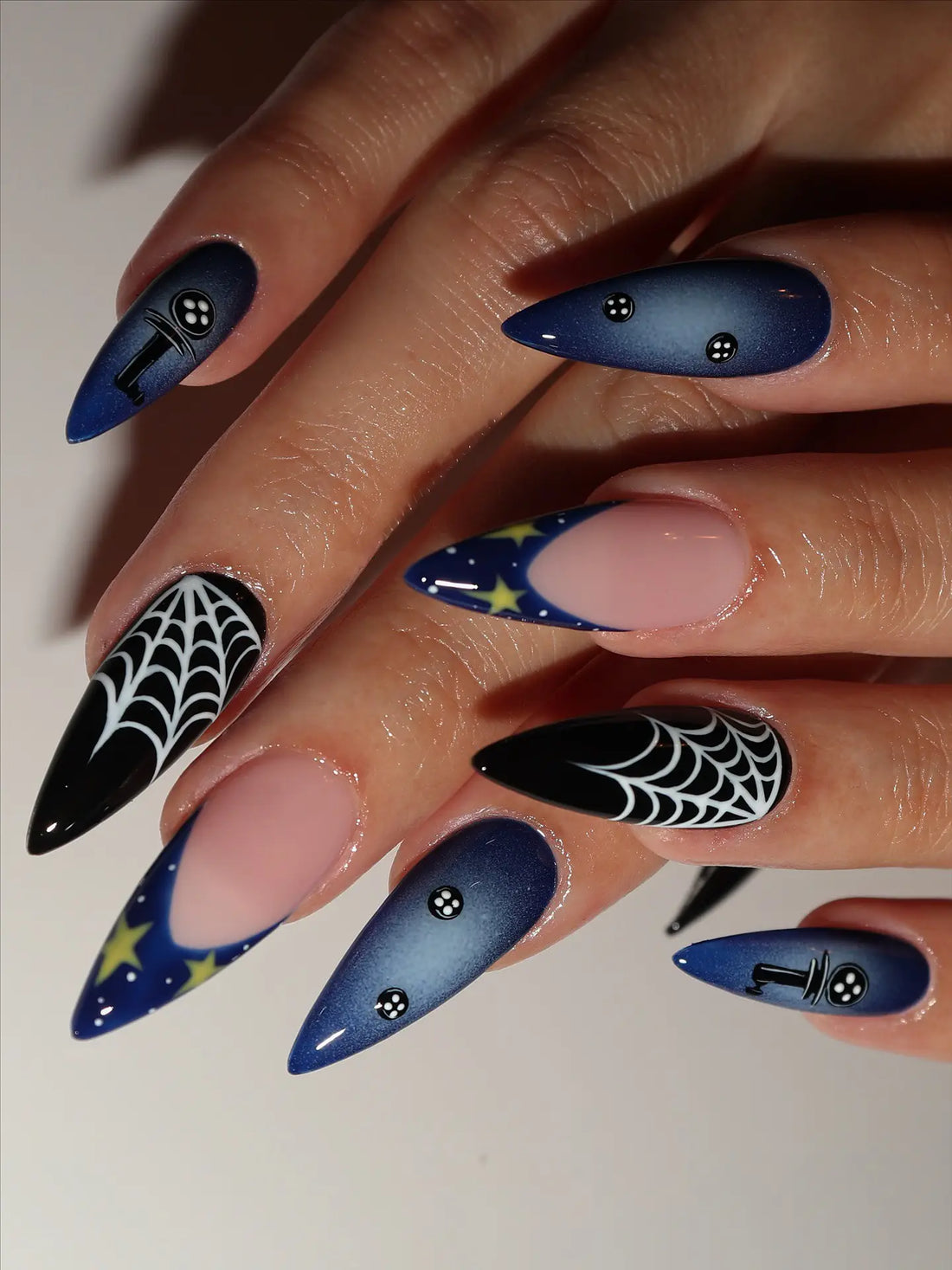 Handmade Gothic Halloween Dark Navy Blue Aura Spider Web Press on Nails PW0
