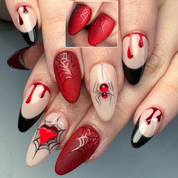 Handmade Halloween Dark Red Vampire Blood Drip Spider Web Press on Nails PW5