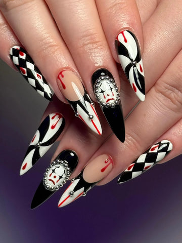 Handmade Gothic Sad Clown Blood Drip Pearl French Press on Nails QB5