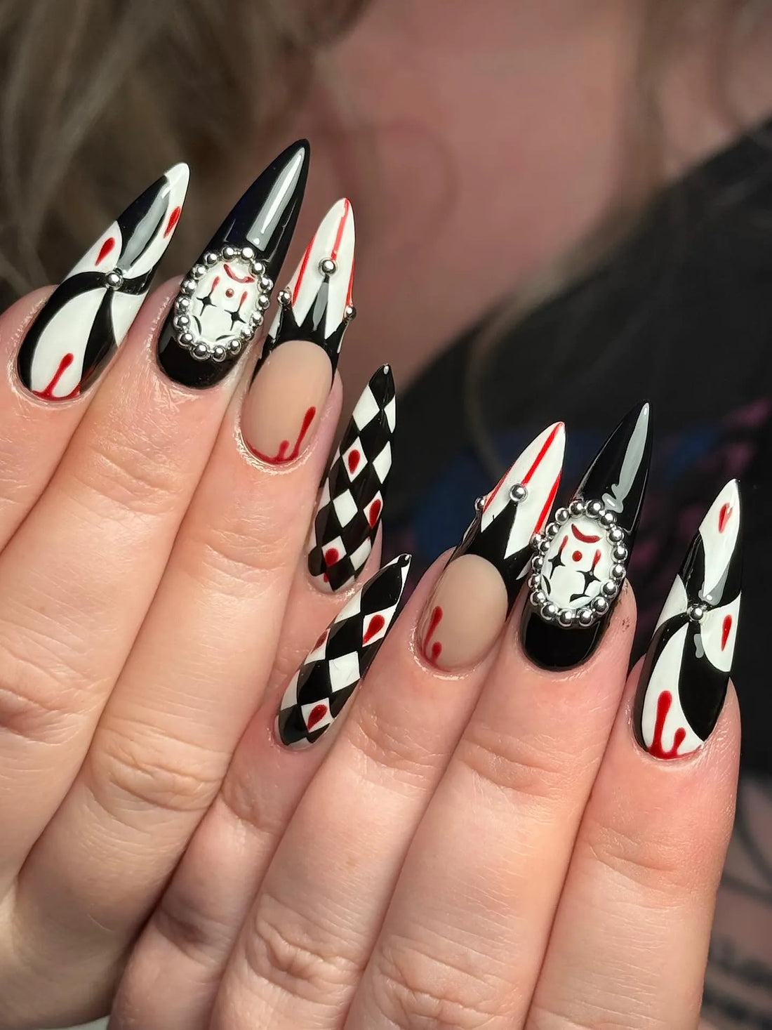 Handmade Gothic Sad Clown Blood Drip Pearl French Press on Nails QB5