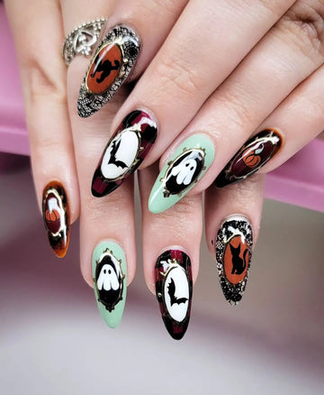 Handmade Gothic Vintage Gold Framed Black Cat Bat Ghost Nails PY2
