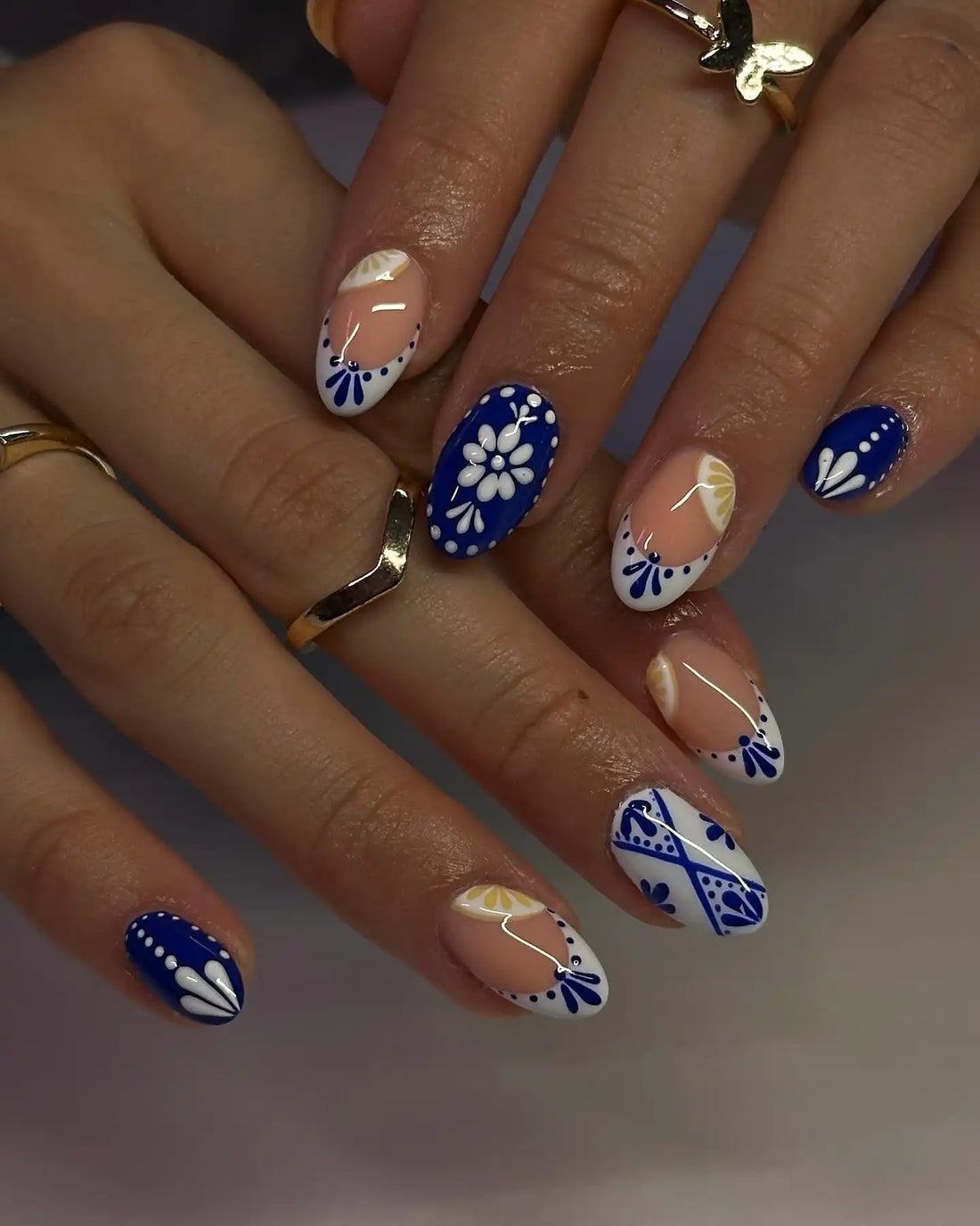 Handmade Greece Blue Porcelain Floral Lemon Art Glossy Press on Nails U42