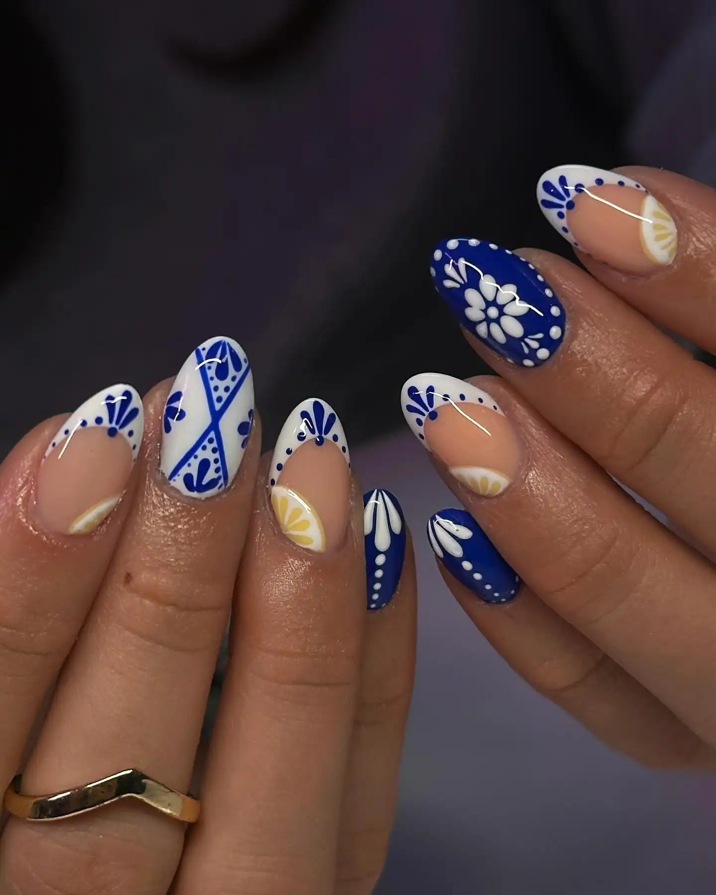 Handmade Greece Blue Porcelain Floral Lemon Art Glossy Press on Nails U42