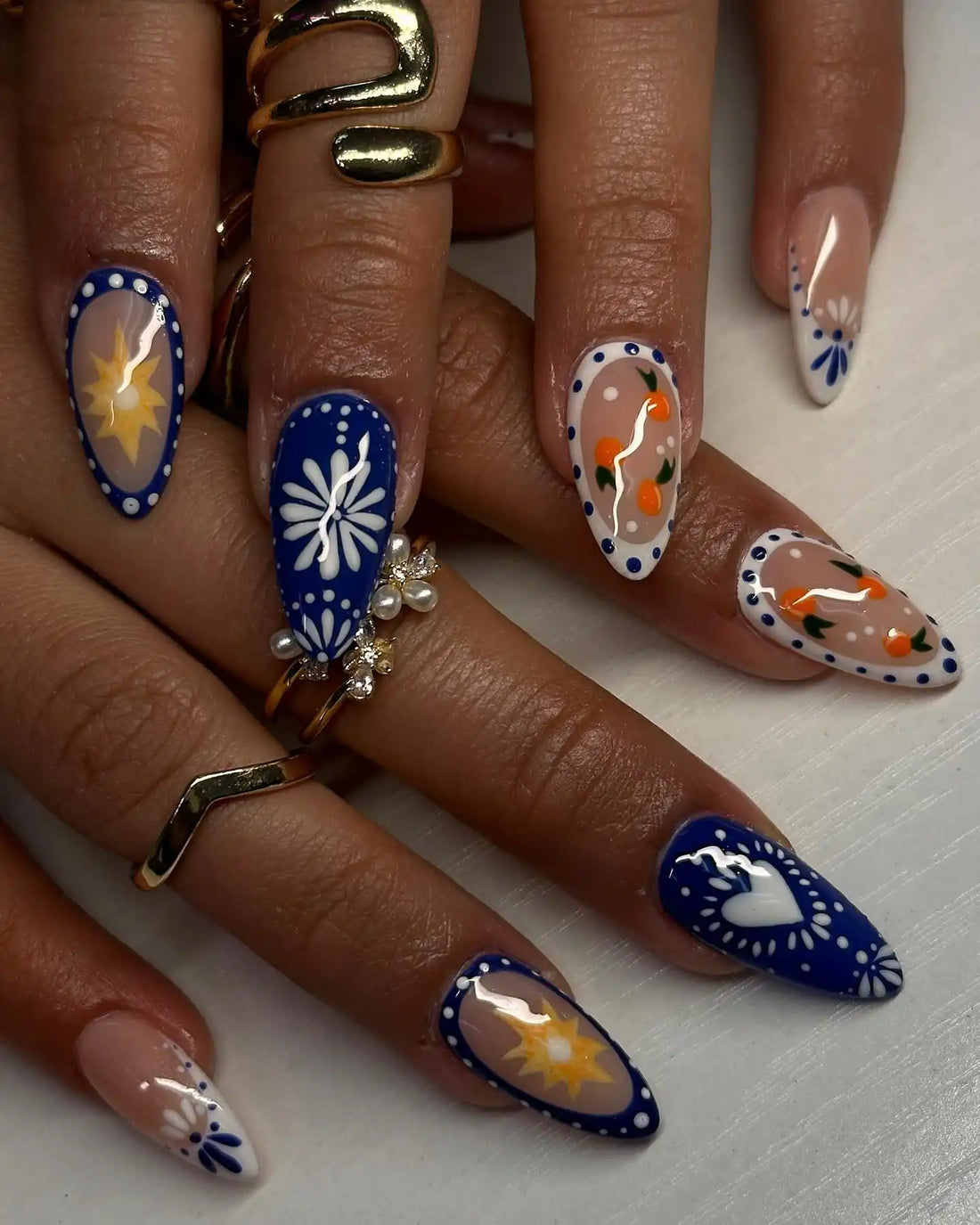 Handmade Greece Porcelain Citrus Floral Heart Sun Glossy Press on Nails S75