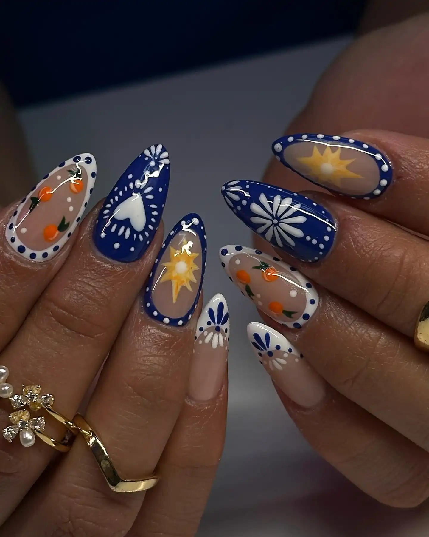 Handmade Greece Porcelain Citrus Floral Heart Sun Glossy Press on Nails S75