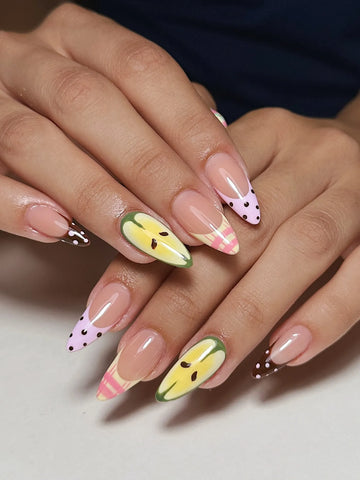 Handmade Green Apple Picnic Plaid Polka Dot French Tip Press on Nails E60