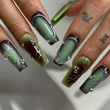 Handmade Green Chrome Aura Silver 3D Edgy Grunge Design Press on Nails Z51