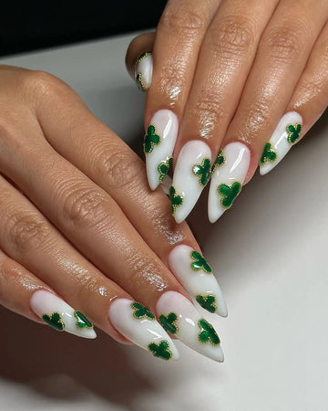 Handmade Green Clover White Gold Chrome St. Patricks Day Holiday Press on Nails E19