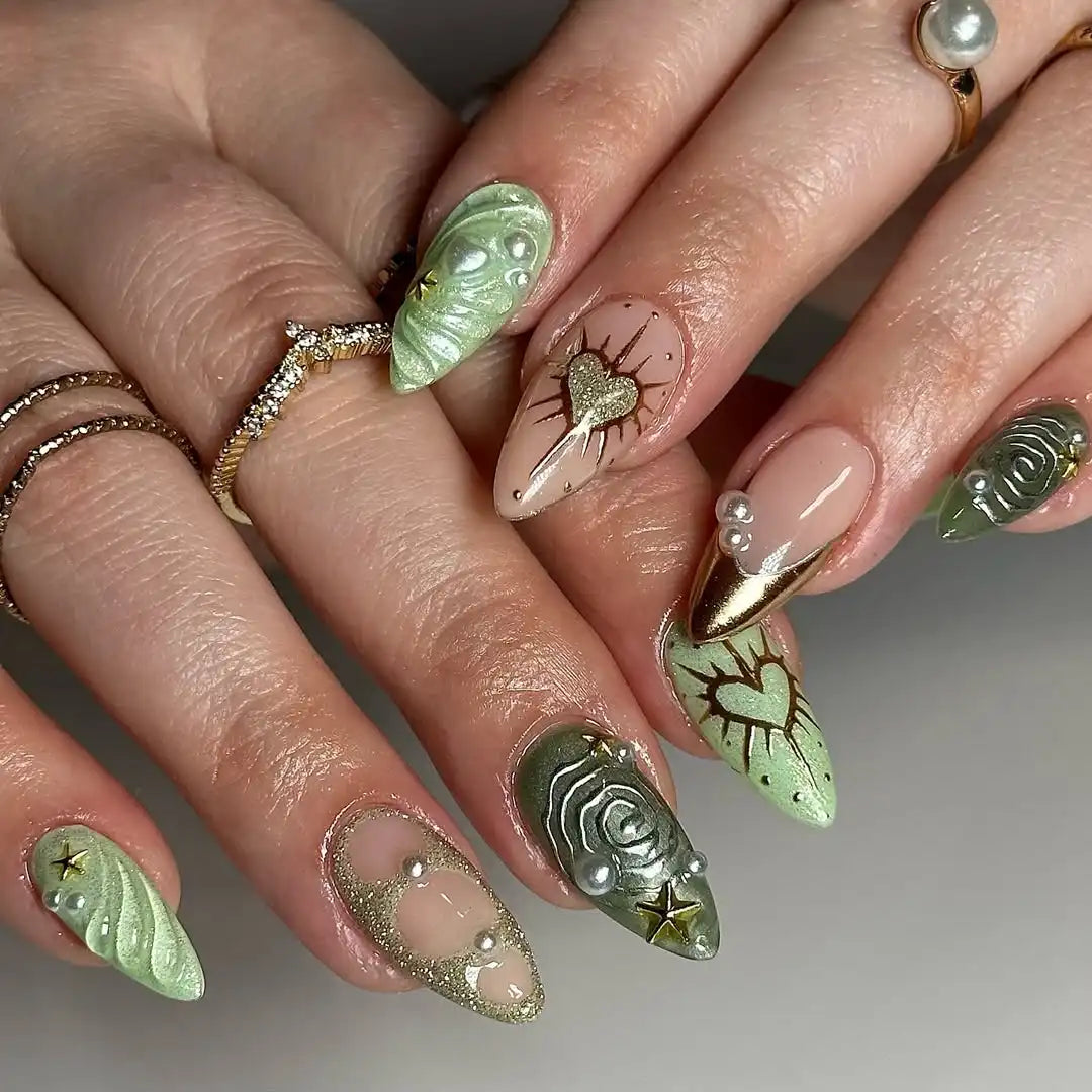 Handmade Green Gold Celestial Pearl Heart Textured Art Press on Nails H82