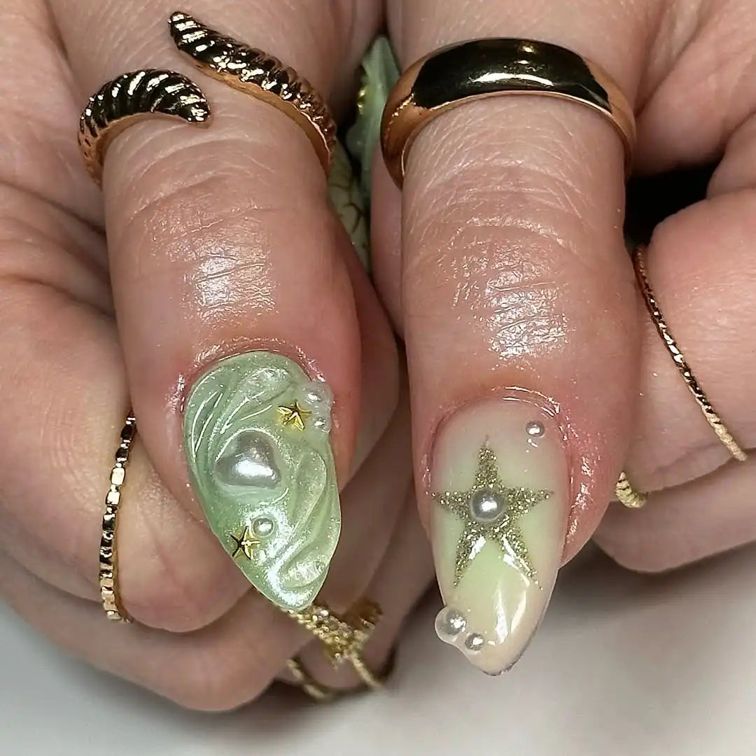 Handmade Green Gold Celestial Pearl Heart Textured Art Press on Nails H82