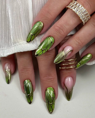 Handmade Green Leaf Art with Gold Chrome Lined Press on Nails V34