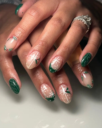 Handmade Green Sweater Snowflake Gift Bow Holly Christmas Press on Nails G82