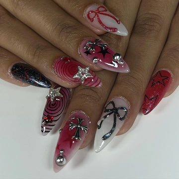 Handmade Grunge Goth Black Red Chrome Cross Star Ribbon Press on Nails A36