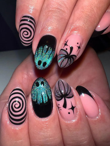Handmade Halloween Black Cat Eye Ghost Pumpkin Press on Nails QA3