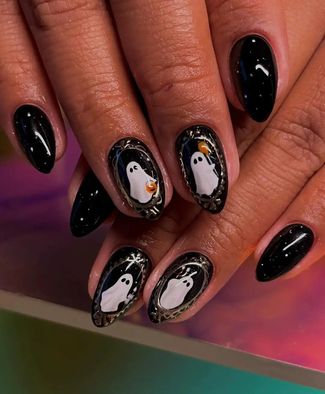 Handmade Halloween Cute Ghost Design with Metallic Accents Press on Nails O97
