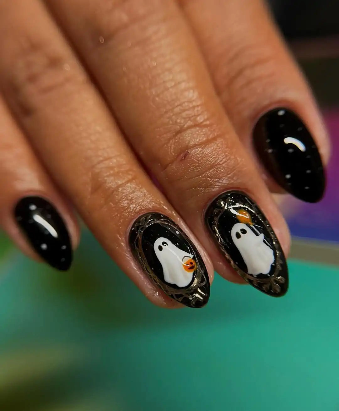Handmade Halloween Cute Ghost Design with Metallic Accents Press on Nails O97