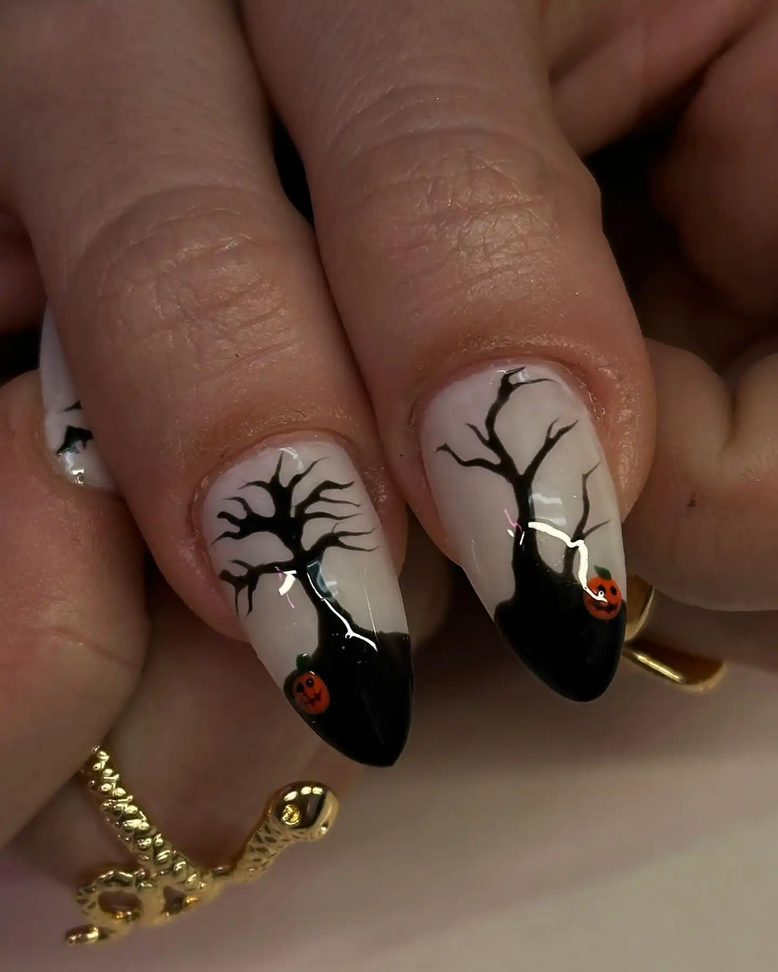 Handmade Halloween Ghost and Bat Design with Gold Frame Press on Nails U07