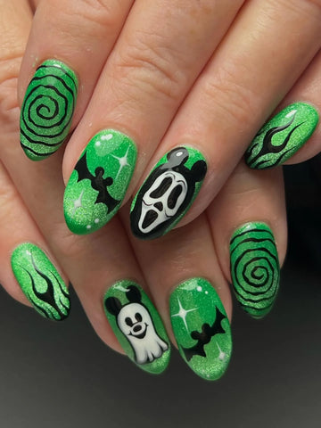 Handmade Halloween Neon Lime Green Glitter Ghost-face Bat Slime Twist Fake Nails QA2