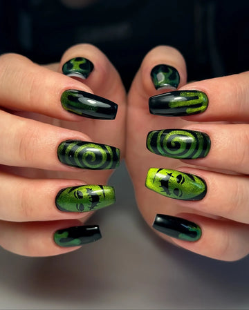 Handmade Halloween Neon Lime Green Magnetic Cat Eye Spiral Slime Press on Nails PY8