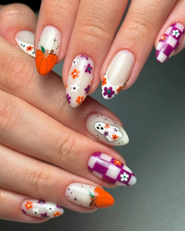 Handmade Halloween Spooky Floral Pumpkin Ghost Press on Nails S22