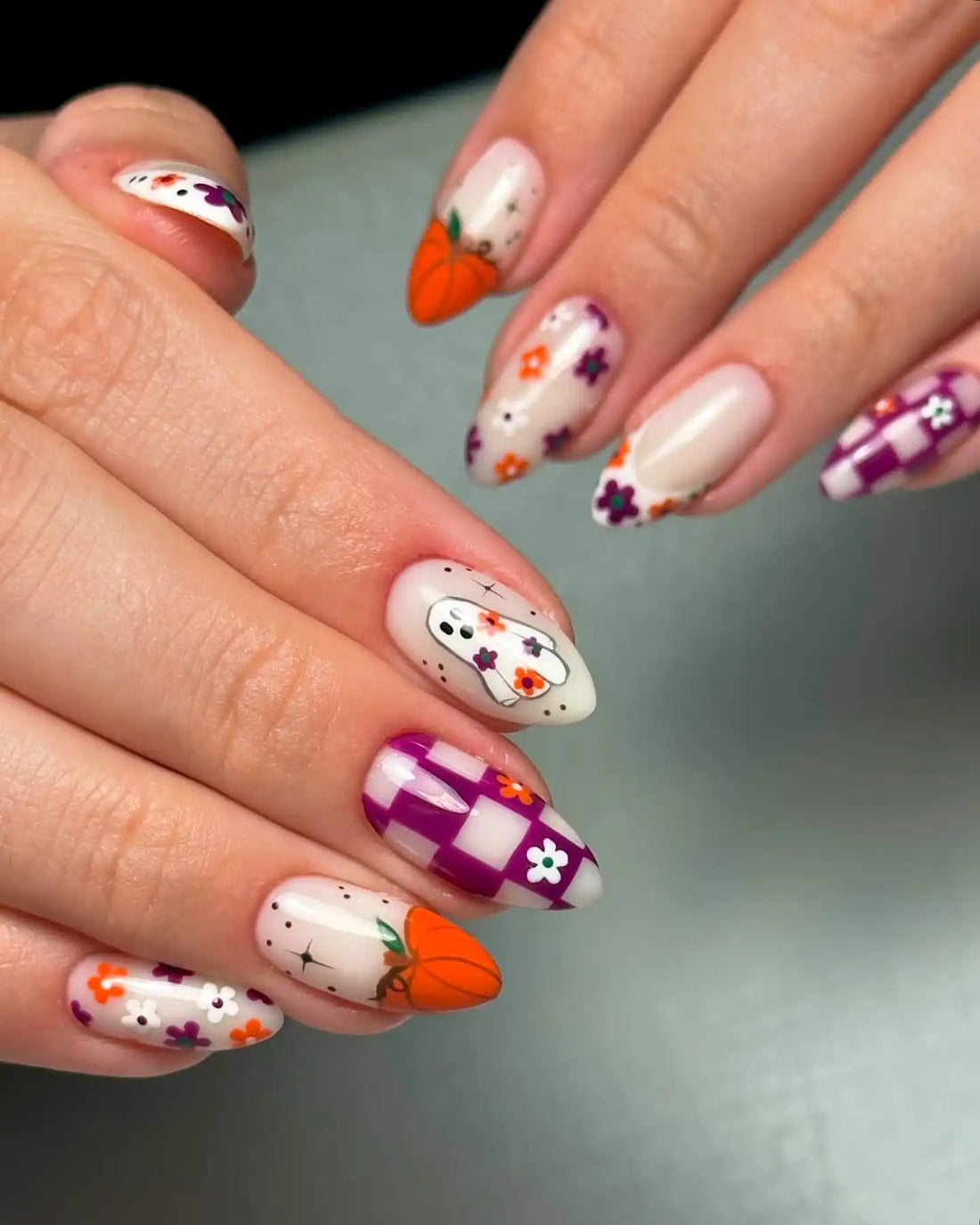 Handmade Halloween Spooky Floral Pumpkin Ghost Press on Nails S22