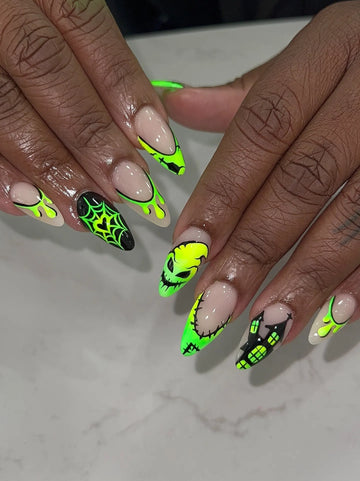 Handmade Halloween Spooky Neon Lime Green Oo-gie Haunted Spiderweb Nails PW9