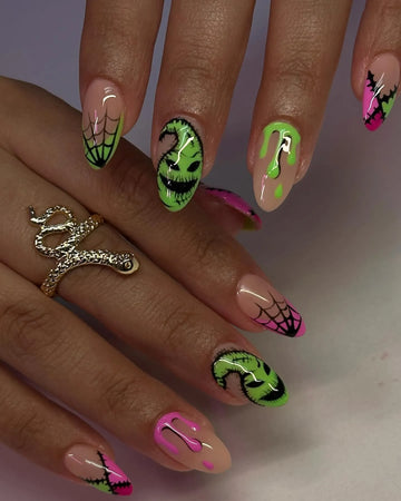 Handmade Halloween Spooky Oo-gie Neon Green Pink Slime Drip Fake Nails PT4
