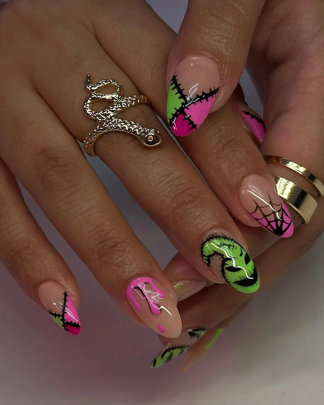 Handmade Halloween Spooky Oo-gie Neon Green Pink Slime Drip Fake Nails PT4