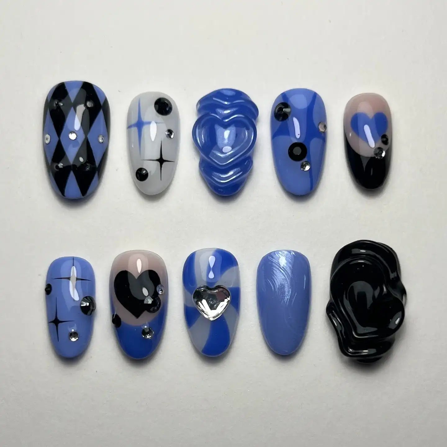 Handmade Heart Blue Black Chrome Edgy Press on Nails O77